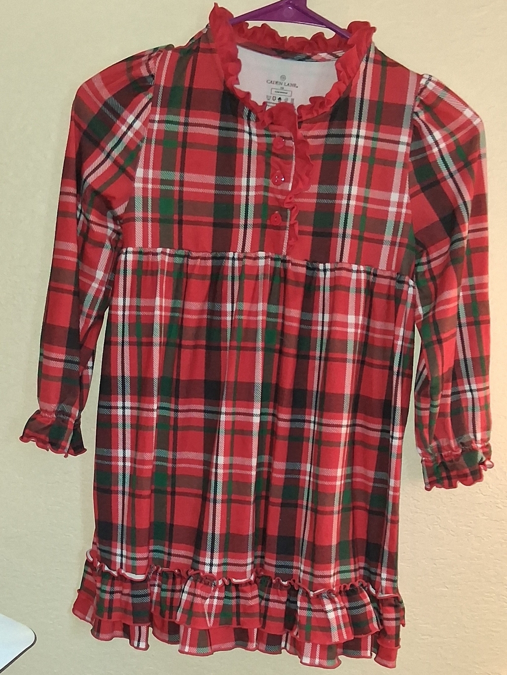 Caden Lane Red & Green Plaid Long-Sleeve Ruffle Nightgown